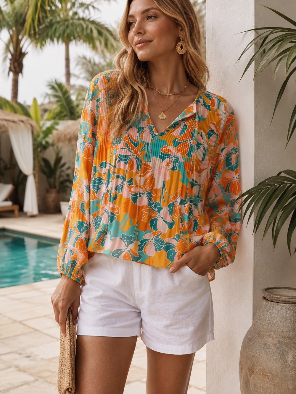 DR2 Pleated Floral Tassel Blouse Tropical Resort Boho Long Sleeve XS